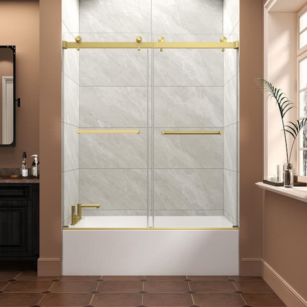 Dark 60 in. W x 60 in. H Semi Frameless Double Bypass Sliding Tub Door in Gold with Tempered Glass