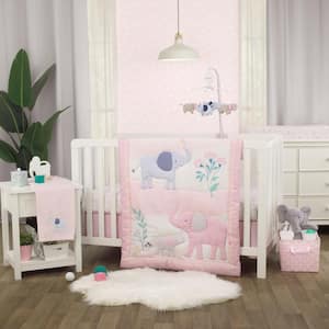 3-Piece Sweet Floral Elephants Pink and Periwinkle Polyester Crib Bedding Set Comforter Fitted Sheet and Crib Skirt
