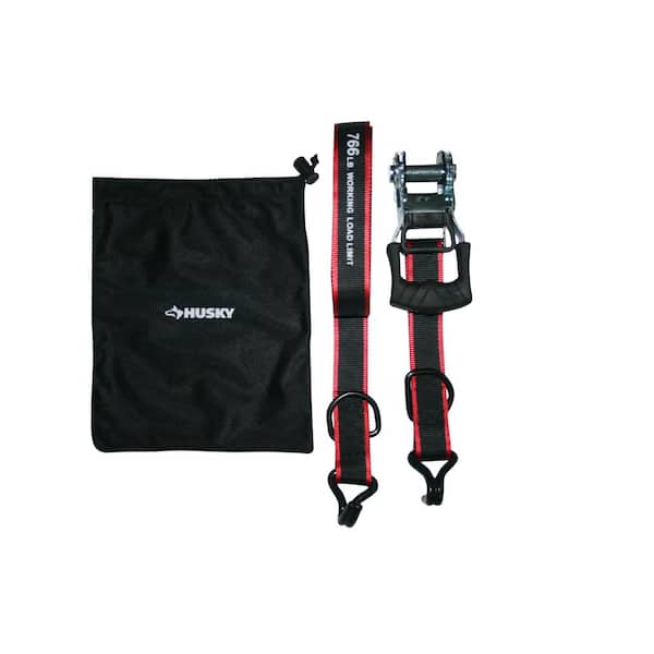 Husky 1-1/4 in. x 16 ft. Bar Ratchet Tie-Down Strap with J Hook and Mash Bag