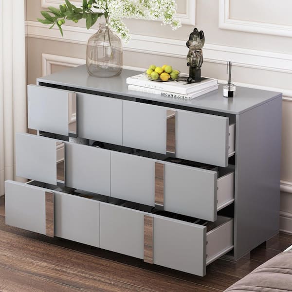 Modern 6-Drawers Dresser with Metal Handle, Mirrored Storage Cabinet, Gray
