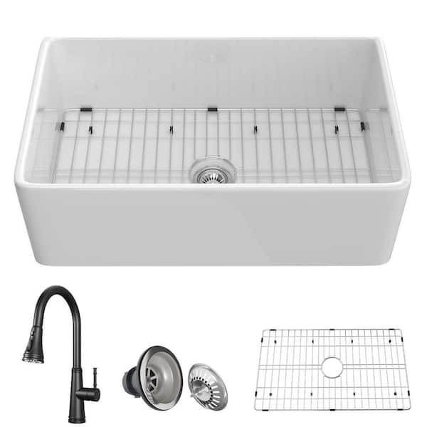 Flynama White Fireclay 33 in. Single Bowl Farmhouse Apron Kitchen Sink with Brushed Nickel Faucet