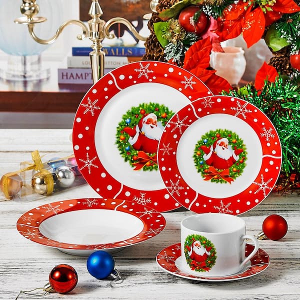 Christmas Santaclaus Dinner Set Red Porcelain Ceramic Tableware Plates Bowl Gift 