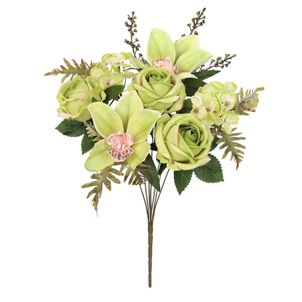 16 in. Green Artificial Mixed Rose Cymbidium Orchid Hydrangea Flower Stem Bush Bouquet (Set of 2)