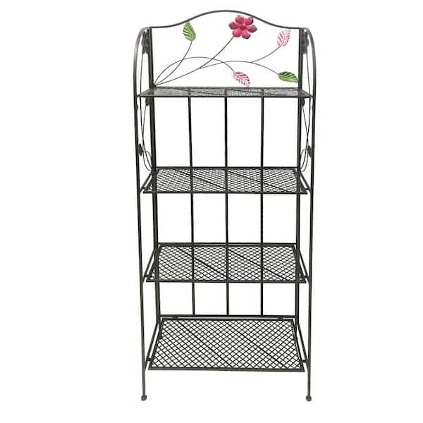 Benzara 4-Tier Black Open Iron Shelf with Floral and Scroll Work Accents
