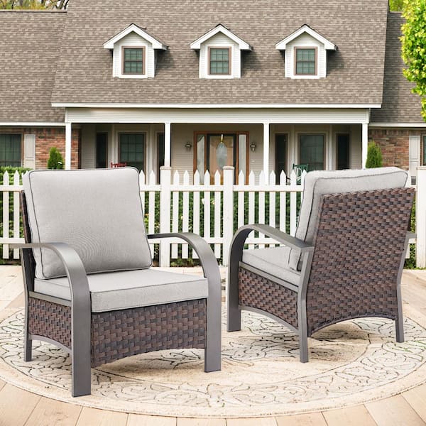 Opohoro ArcMetal Metal and Brown Wicker Outdoor Lounge Chair with Olefin Beige Cushions (2-Pack)