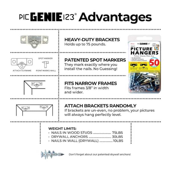 PicGenie123 Picture Hanging Kit 40-Piece Hangs Pics Up To 50 Lbs 4 Pack N50 Mk4s - View #7