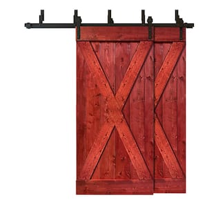76 in. x 84 in. X Series Bypass Cherry Red Stained Solid Pine Wood Interior Double Sliding Barn Door with Hardware Kit