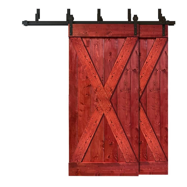 CALHOME 84 in. x 84 in. X Series Bypass Cherry Red Stained Solid Pine Wood Interior Double Sliding Barn Door with Hardware Kit