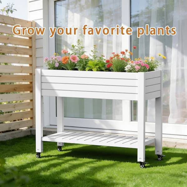 Plastic White Plant Reinforced Large Planter Box with Wheels and