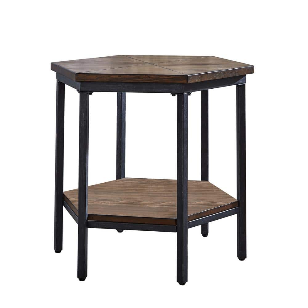Mocha Hexagonal Wooden End Table with Iron Base and Storage