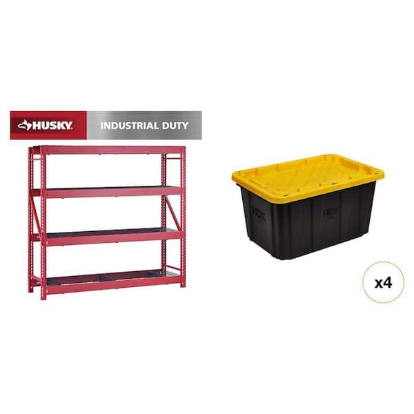 77 in. W 4-Shelf Red Metal Shelving Unit, 27 Gal. Black and Yellow Storage Tote (4-Count) Combo