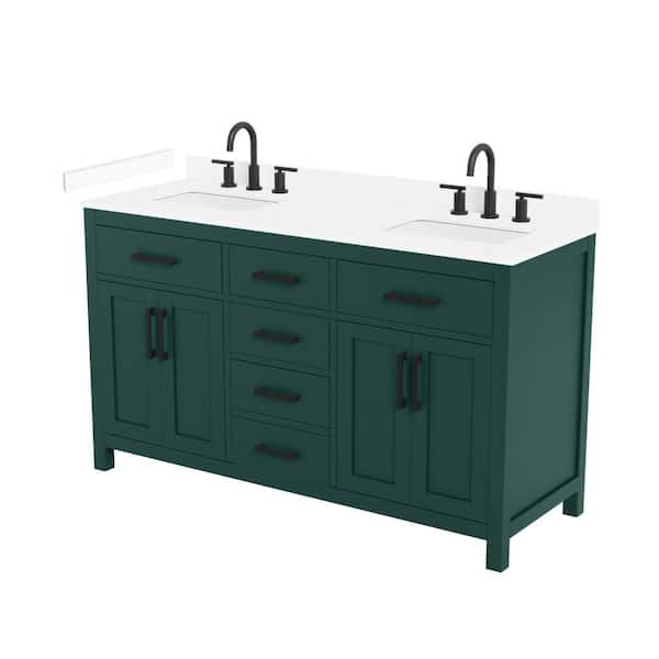 Beckett 60 in. Double Freestanding Green Bath Vanity with White Cultured Marble Top