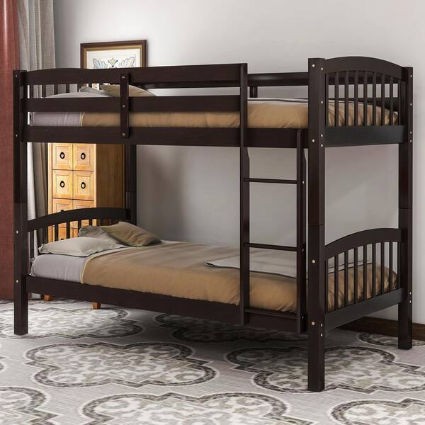 Espresso Twin Over Full Bunk Bed, Dorel Living Airlie Solid Wood Bunk Beds Twin Over Full With Ladder And Guard Rail Espresso