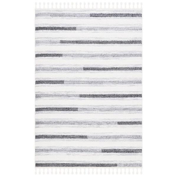 Moroccan Tassel Shag 4 ft. x 6 ft. Ivory/Gray Striped High-Low Area Rug