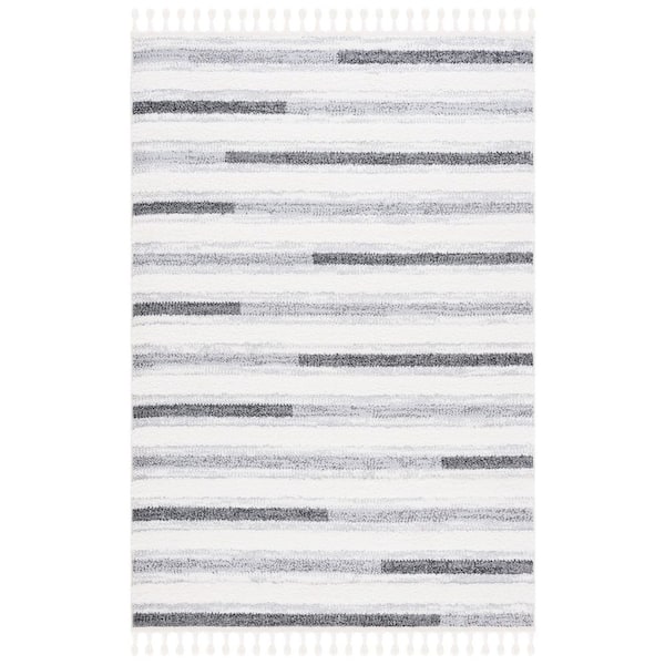 Moroccan Tassel Shag 5 ft. x 8 ft. Ivory/Gray Striped High-Low Area Rug