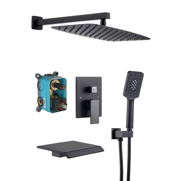GIVING TREE Single-Handle 3-Spray Waterfall Tub and Shower Faucet with Hand Shower in Matte Black (Valve Included)