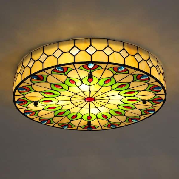 OUKANING 20 in. 4-Light Colorful Vintage Tiffany Flush Mount