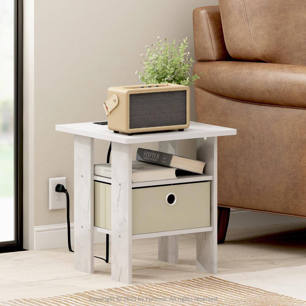 Marble White Charging Station End Table with Storage Bin