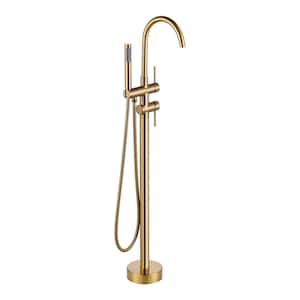 Double Handle Floor Mounted Freestanding Tub Faucet with Handheld Shower in Gold