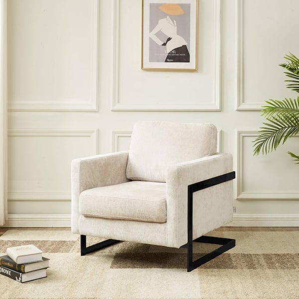 Modern Geometric Accent Chair Upholstered Boucle Side Armchair with Black Stainless-Steel Base Lincoln Series in Grey