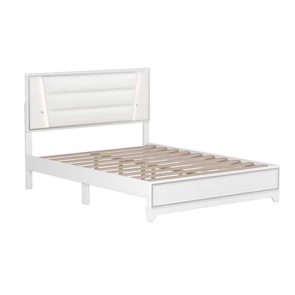 Polibi White Wood Frame Queen Size PU Upholstered Platform Bed with LED Light Strips Headboard and Sparkling Shiny Decoration