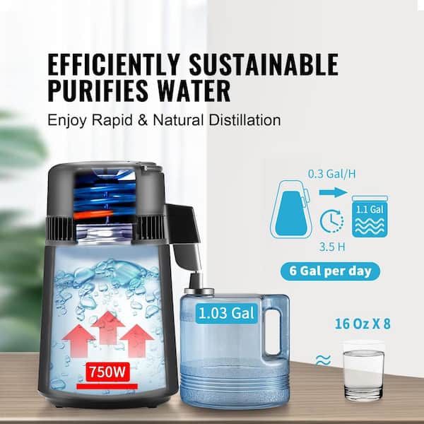 17 Cups Water Distiller, 4 L/1.05 Gal. 750 W Home Countertop Purifier, Stainless Steel Interior Electric Kettle in Black
