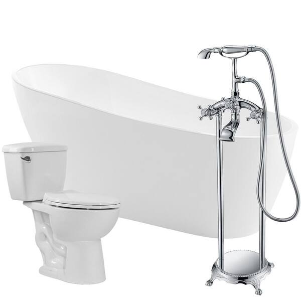 ANZZI Trend 67 in. Acrylic Flatbottom Non-Whirlpool Bathtub with Tugela Faucet and Author 1.28 GPF Toilet