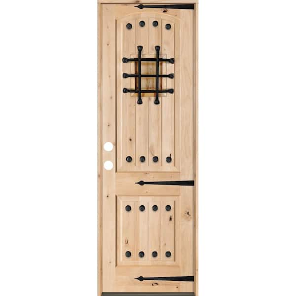 Krosswood Doors 30 in. x 96 in. Mediterranean Knotty Alder Arch Top Right-Hand Inswing Unfinished Wood Single Prehung Front Door