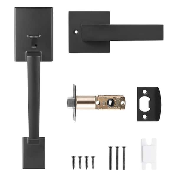 Square Front Door Handle Set with Lever, Adjustable Hole Space, No Lock, Reversible for Right/Left Doors, Matte Black
