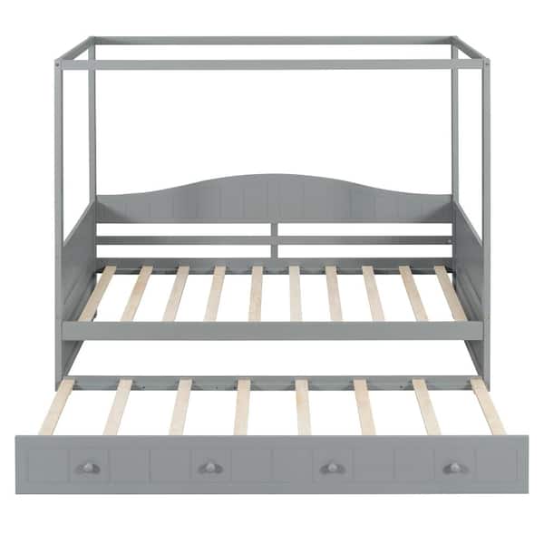 Gray Solid Wood Twin Size Canopy Platform Bed with Trundle and Built-in Backrest durable construction