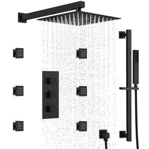 3-Spray Patterns Thermostatic Wall Mount Rain Dual Shower Heads 2.5 GPM with 6-Jet in Matte Black (Valve Included)