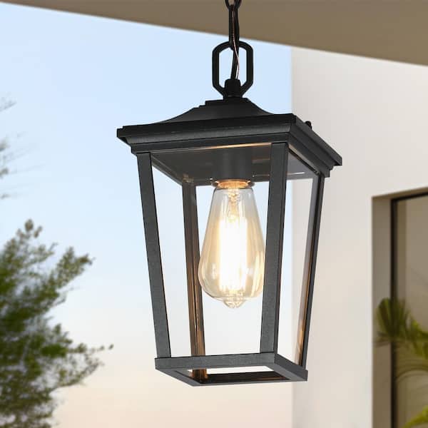 12.5 in. Modern Black Outdoor Small Pendant 1-Light Coastal Clear Glass Hanging Lantern for Covered Gazebo Front Door