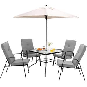 6-Piece Metal Patio Outdoor Dining Set with Gray Cushioned Stackable Chairs and Beige 7 ft. Umbrella