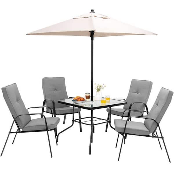 Clihome 6-Piece Metal Patio Outdoor Dining Set with Gray Cushioned Stackable Chairs and Beige 7 ft. Umbrella