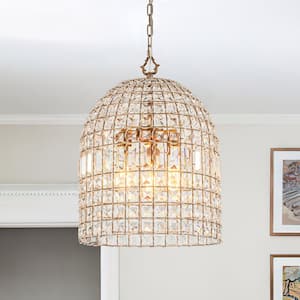 Cristal 16 in. W 3-Light Antique Brass Unique Cage Dome Chandelier Retro Pendant with Crystal Accents for Living Room