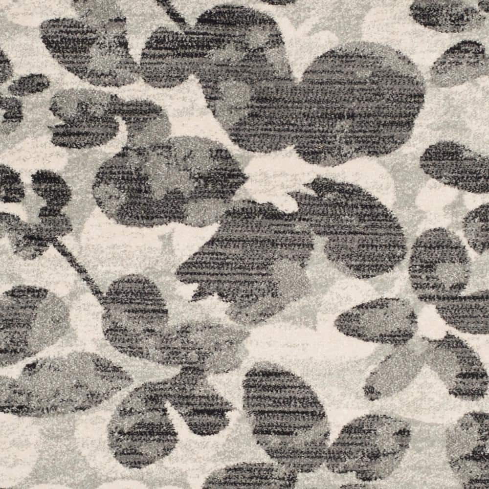 Grey and Black Floral Synthetic Rectangular Area Rug