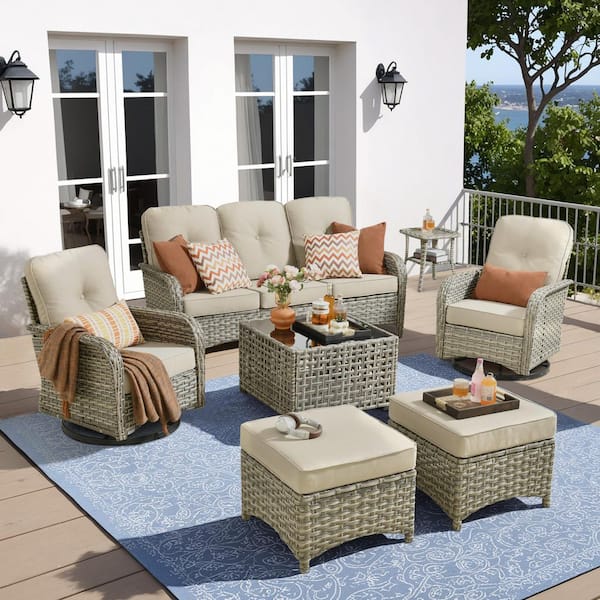 Vinceny Gray 7-Piece Wicker Patio Conversation Set with Beige Cushions and Swivel Chairs