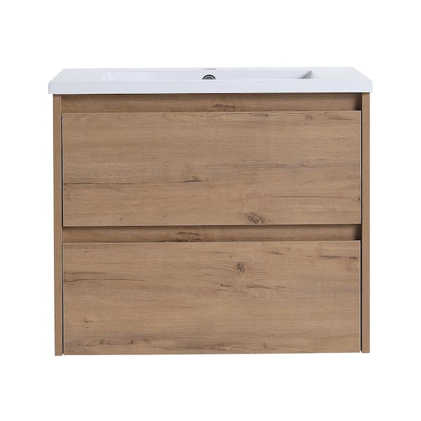 JimsMaison 24 in. W x 18 in. D x 21 in. H Single Sink Wall Mounted Bath Vanity in Imitative Oak with White Ceramic Top