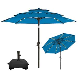 9 ft. 3 Tiers Aluminum Solar Led Market Umbrella Outdoor Patio Umbrella with Base and 32 LED Lights in Royal Blue