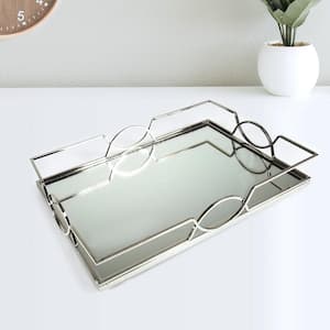 Art Deco Rectangle Metal Mirror Silver Decorative Tray 15in