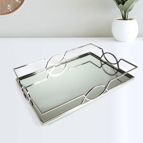LIVING LUXURY Art Deco Rectangle Metal Mirror Silver Decorative Tray 15in
