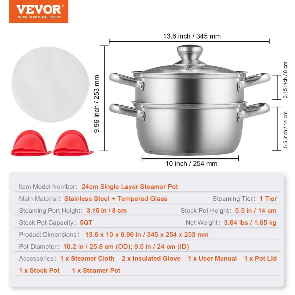 Stainless Steel 9.5'' Steamer Pot with Basket Insert