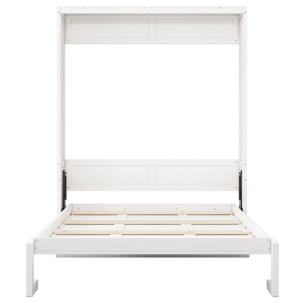 White Wood Frame Full Size Murphy Bed, Folding Wall Bed with Desktop - thumbnail 2
