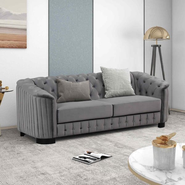82 in. Square Arm Velvet Rectangle Sofa with Rubber Wood Legs in Gray