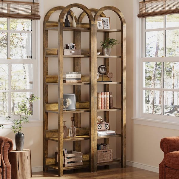 Eulas 71in. 2PCS Tall Brown Wood Arched Bookshelf Narrow Skinny Bookshelf with 6 Open Shelves for Home Office, Open Back