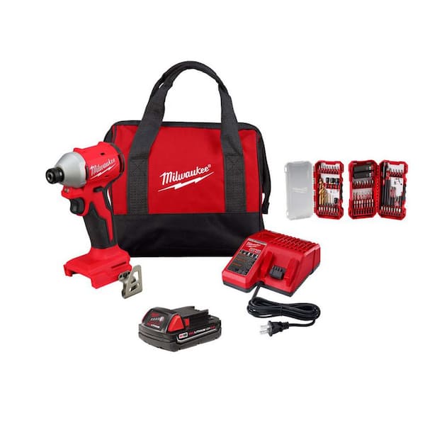 M18 18V Compact Brushless 1/4 in. Impact Driver Kit  2.0Ah Battery, Charger, Bag with SHOCKWAVE 75-Pc