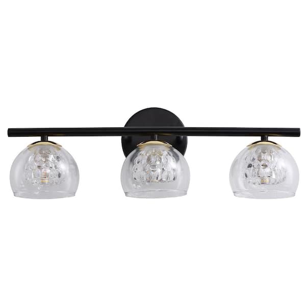 LAZYTIME HOME DECOR INC 20 in 3-Light Black/Gold Vanity Light with Clear Glass Outer Shade and Clear Crystal Glass for Hallways/Bedroom/Bathroom