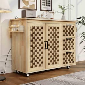 Natural Rubber Wood 53.2 in. W Kitchen Island with Internal Storage Rack, Power Outlet, 3 Drawers, 2 Cabinets