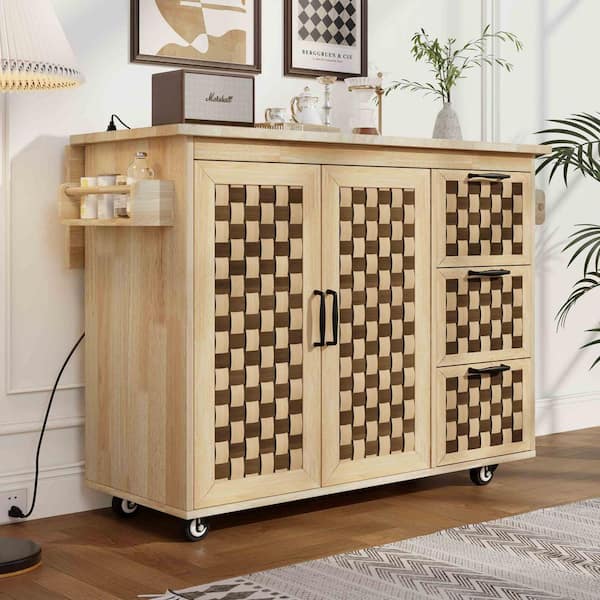Natural Rubber Wood 53.2 in. W Kitchen Island with Internal Storage Rack, Power Outlet, 3 Drawers, 2 Cabinets