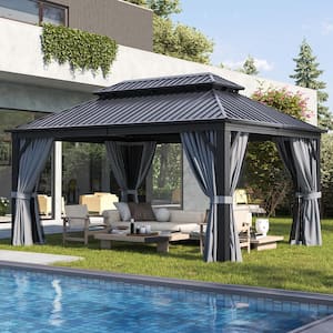 16 ft. x 12 ft. Double Galvanized Steel Roof Patio Hardtop Gazabo with Aluminum Frame, Ceiling Hook,Curtains and Netting